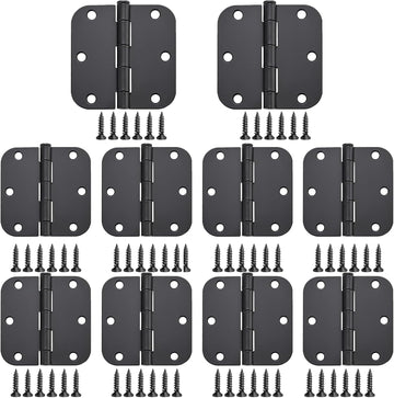 Matte Black Door Hinges 10 Pack 3x3 Inch Interior Door Hinges for Doors Rounded 5/8" Radius Corners Iron Hinge Door