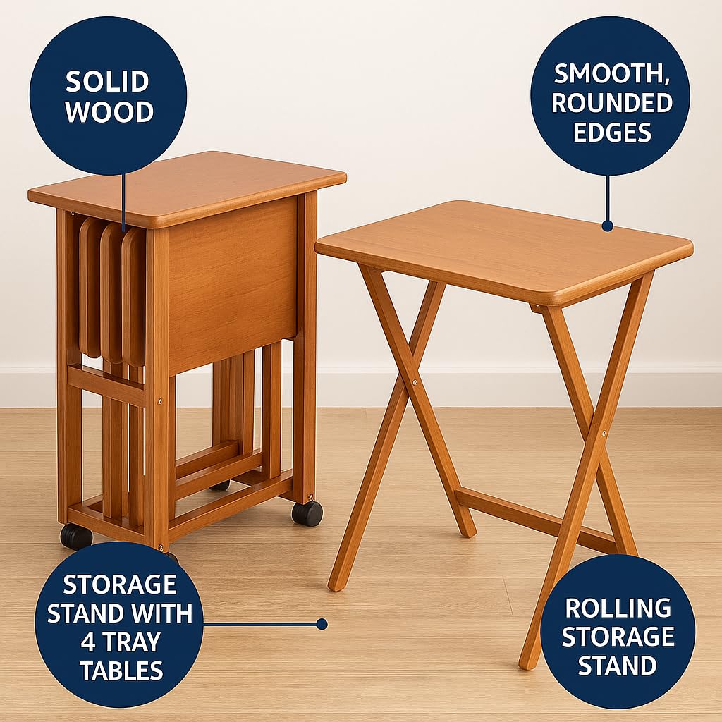 5-Piece Wood Folding Snack Table Set with Rolling Storage Stand and Removable Serving Tray - Fully Assembled (Teak)