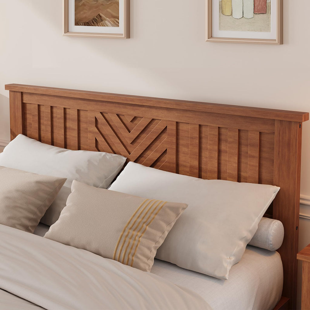 Rustic Wooden Platform Bed Frame with Headboard, Mattress Foundation with Wooden Slat Support, No Box