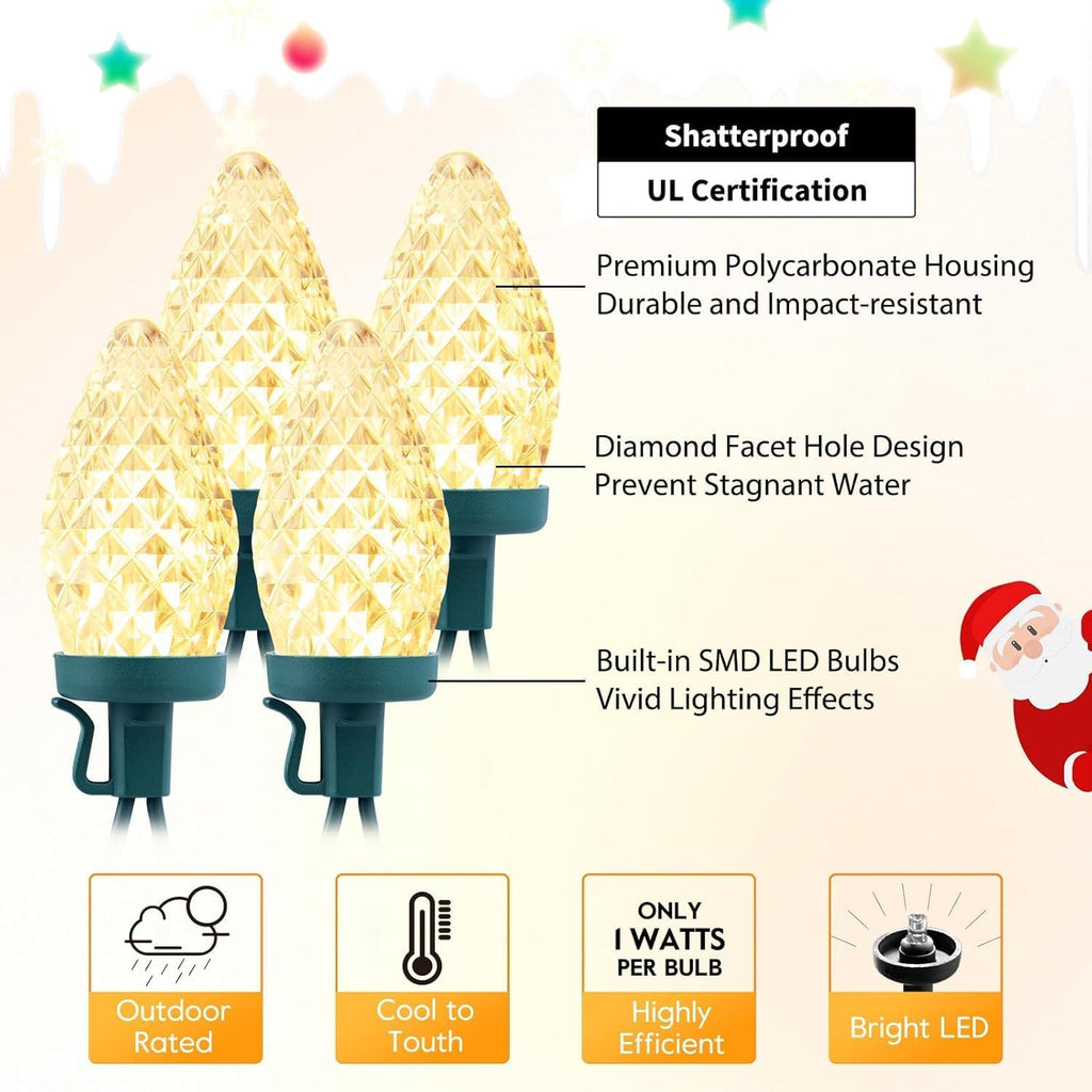 C9 LED Christmas String Lights, 66ft 100 LED Waterproof Strawberry String Lights, Plug-in Extendable Green Wire
