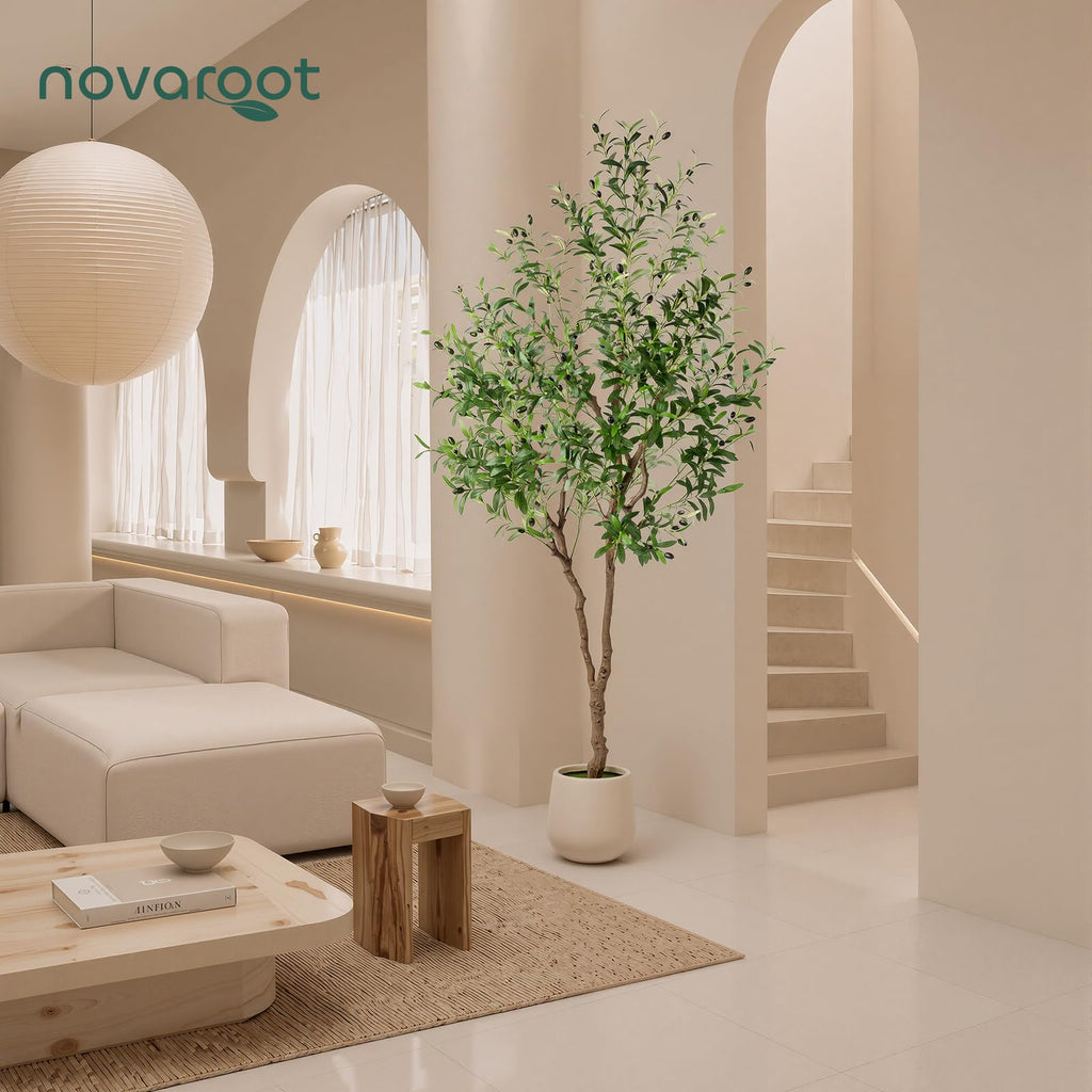 7FT Faux Olive Tree with Decorative Planter, Olive Trees Artificial Indoor with Textured Trunk, Silk Leaves and Olive