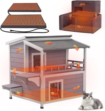 2-Story Heated Cat House Outdoor Insulated Cat House Weatherproof Feral Cat Shelter with Safe Heating Pad, Insulated