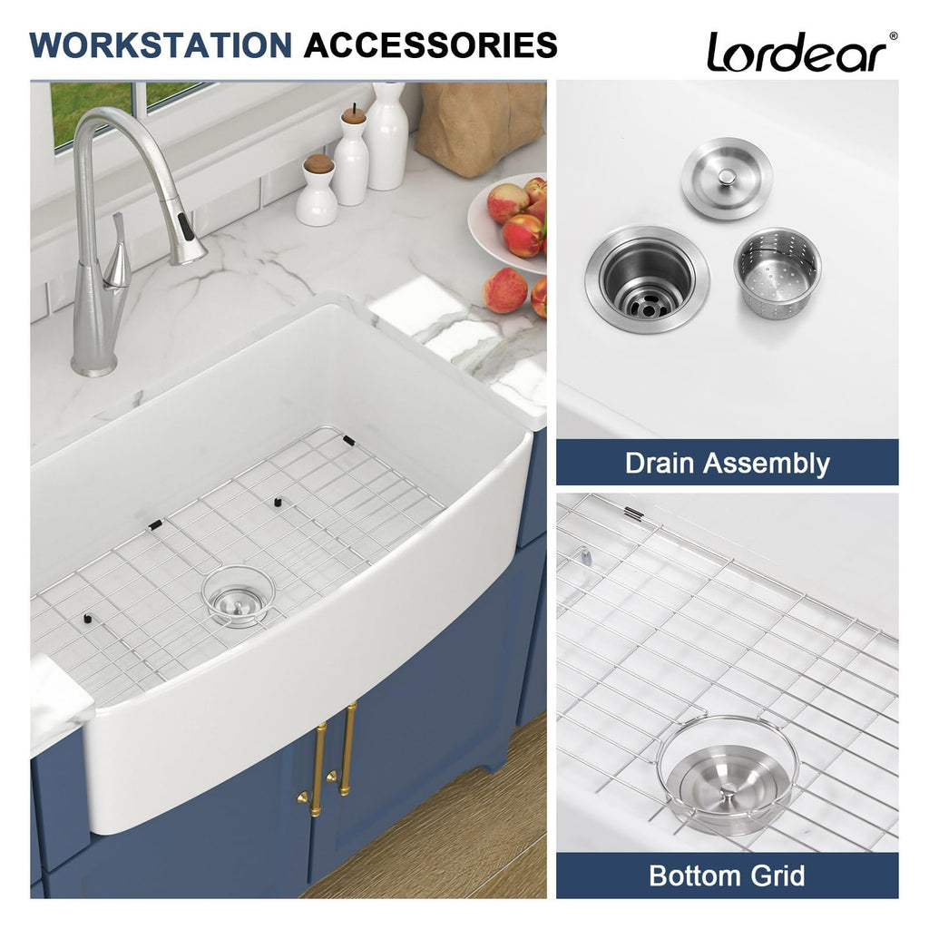 33x19x10 Inch White Farmhouse Kitchen Sinks Apron Front Flat Fireclay Porcelain Ceramic Farmers Single Bowl Farmer