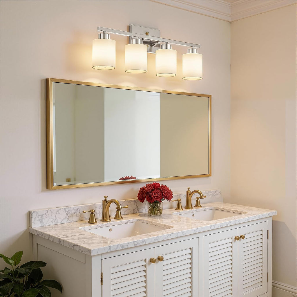 4-Light Brushed Nickel Bathroom Light Fixtures, Modern Vanity Light Over Mirror Lighting, Wall Sconce with Frosted