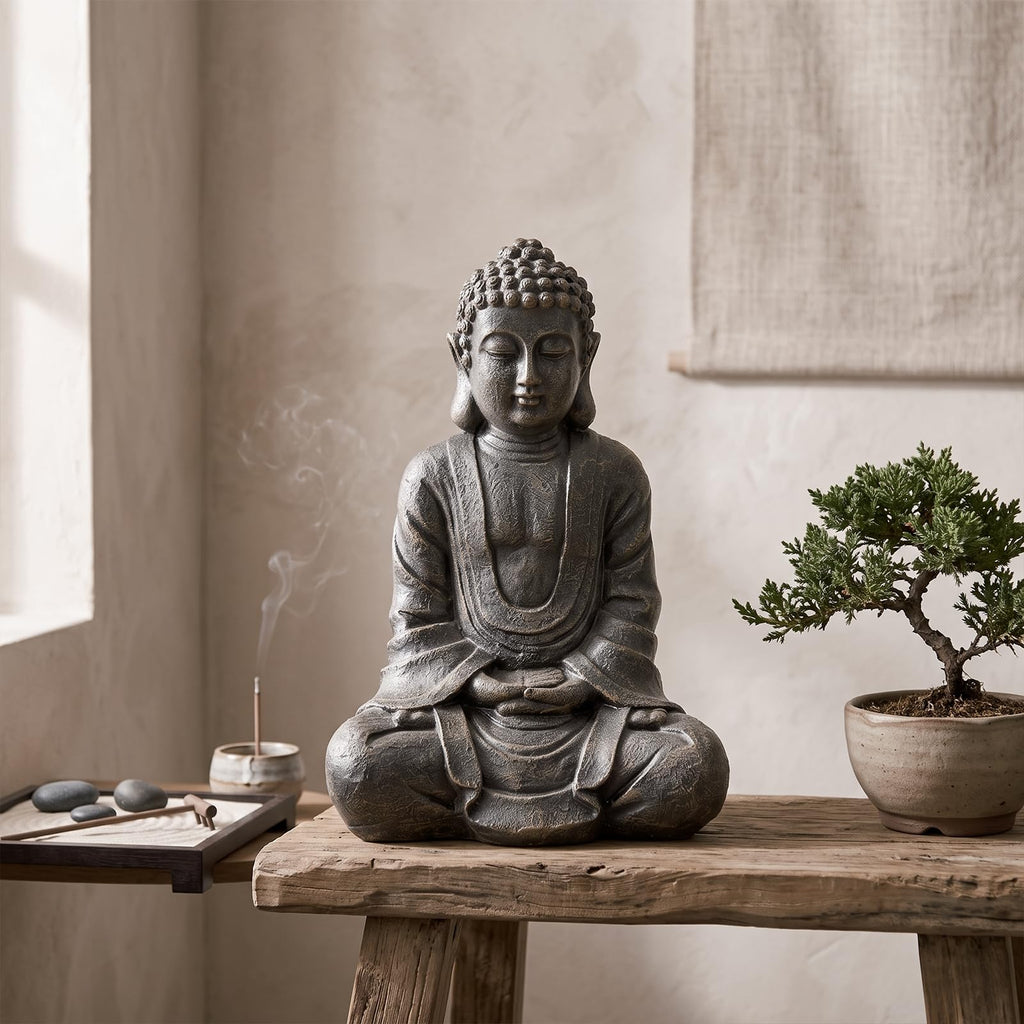 11.5 Inch Gray Buddha Statue Resin Meditation Figurine