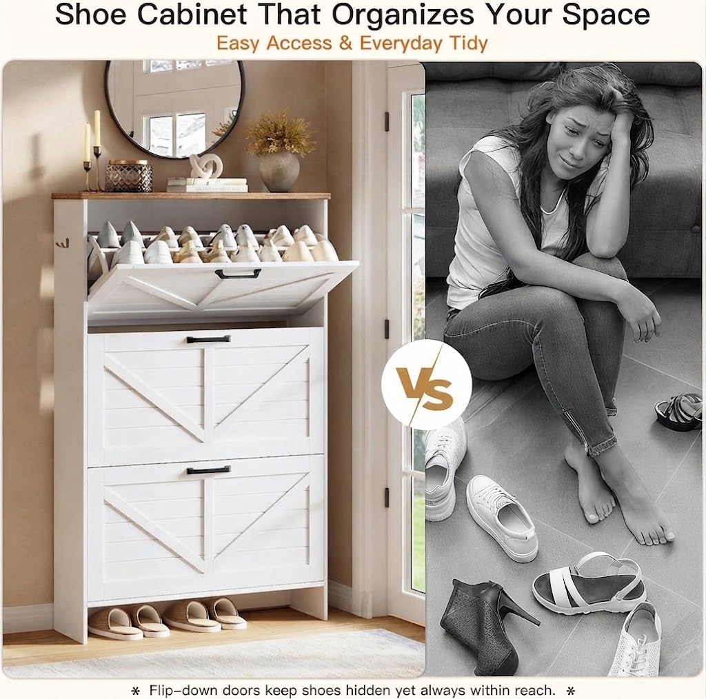 Shoe Cabinet, 3 Flip Drawers & Adjustable Shelves, Ultra Slim Freestanding (9.1" Deep), Holds 30 Pairs, Narrow Shoe