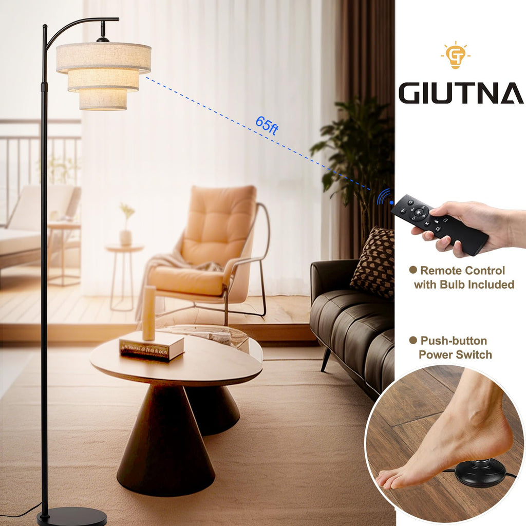 Dimmable Floor Lamp with Remote Control, Arc Fabric Tall Floor Lamp with 3-Color Temperatures Remote & Dimmable 9W