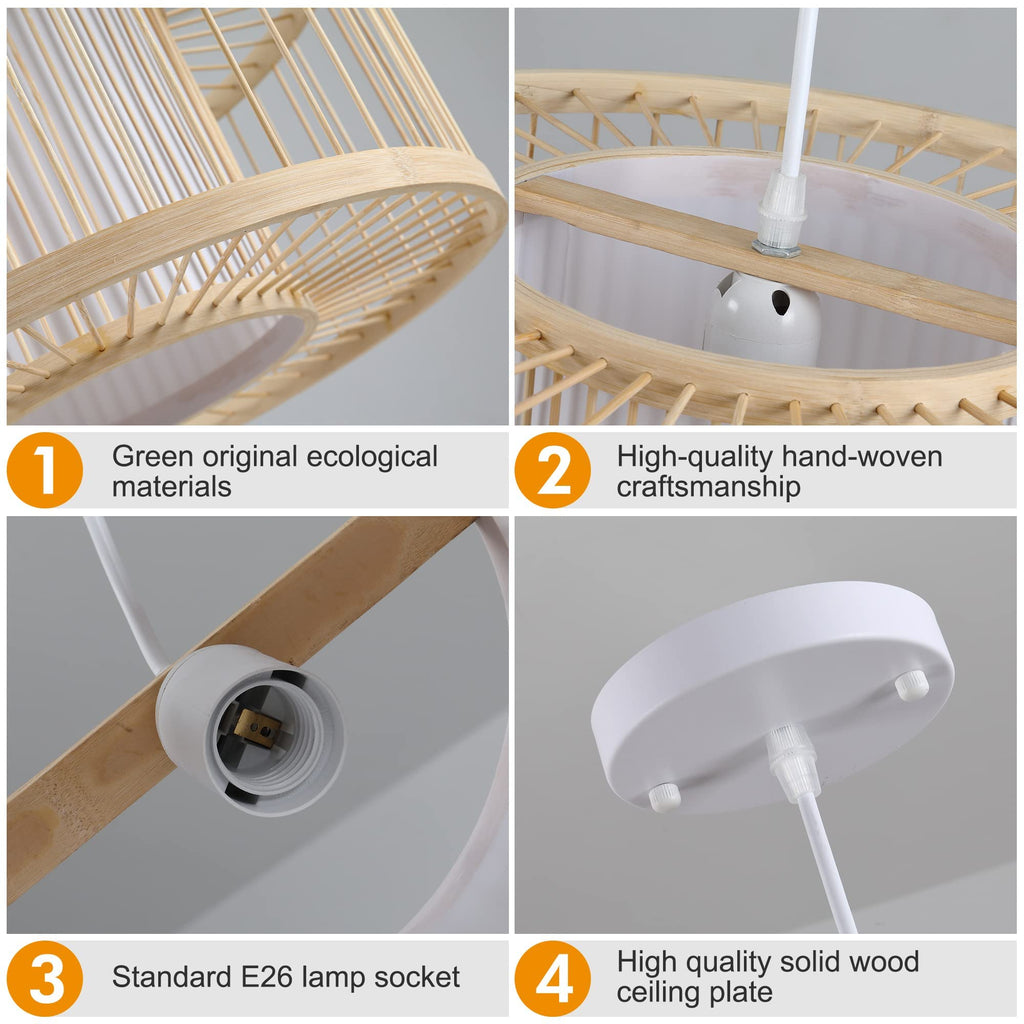 Janpandi Pendant Light, 15.8" Round Drum Bamboo Chandelier