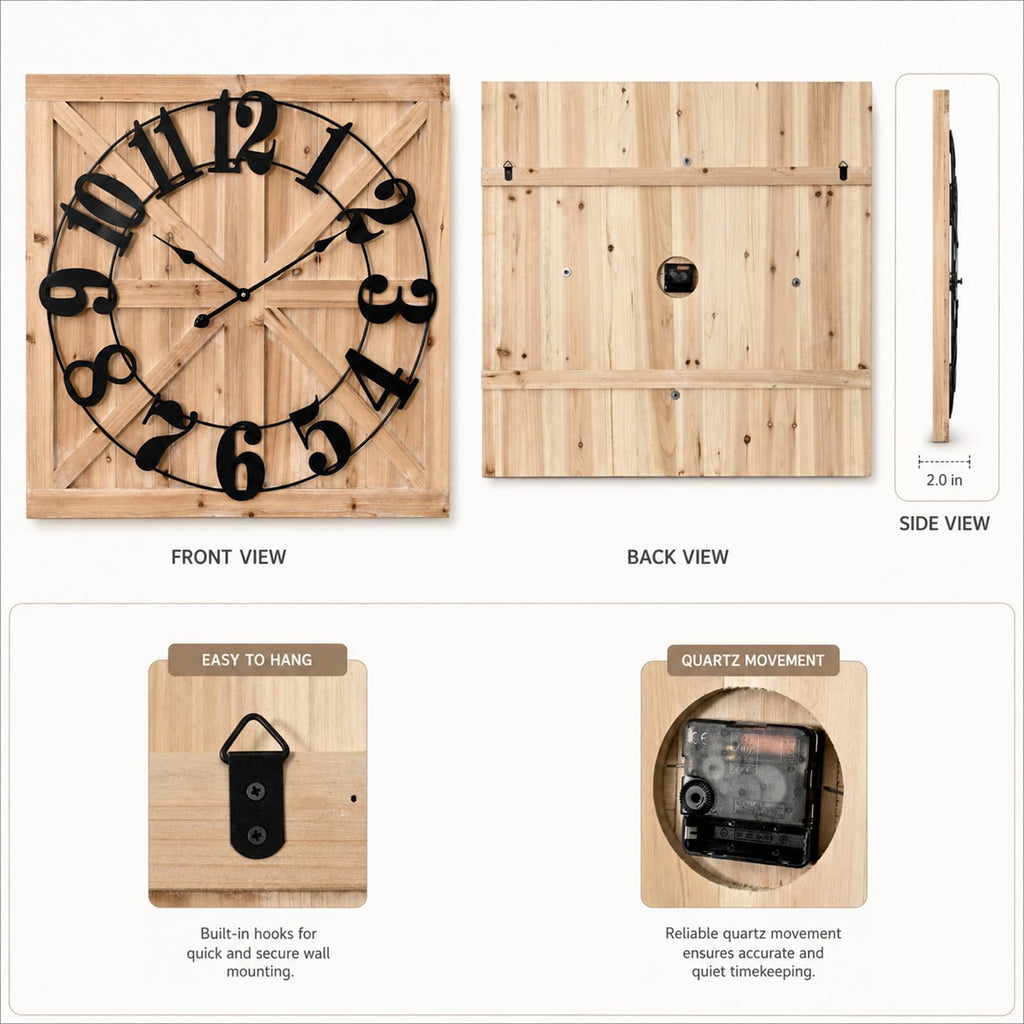 Wooden Farmhouse Wall Clock 30 Inch, Rustic Barn Door Clock