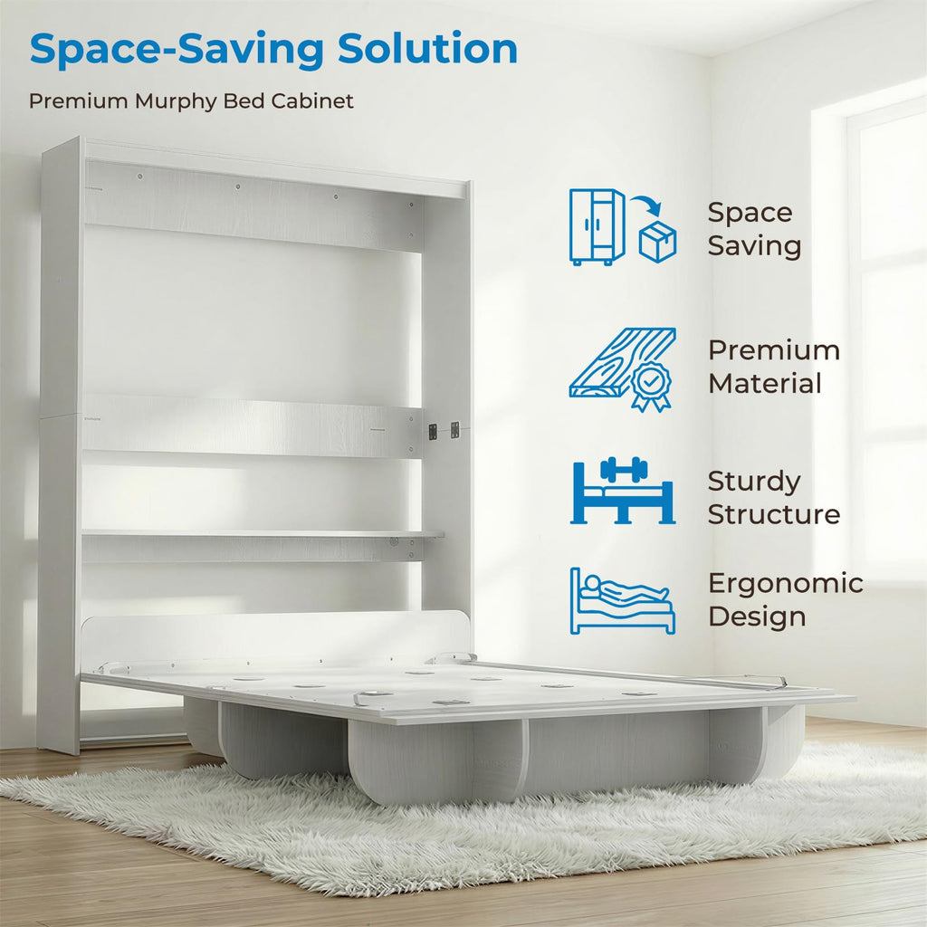 Queen Vertical Wall Murphy Bed with Storage Shelf, White