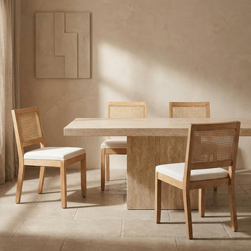 Mid Century Modern Dining Chairs Set of 4, Rattan Dinning Chair with a Square Back, Beige Cane Dining Chair, Linen