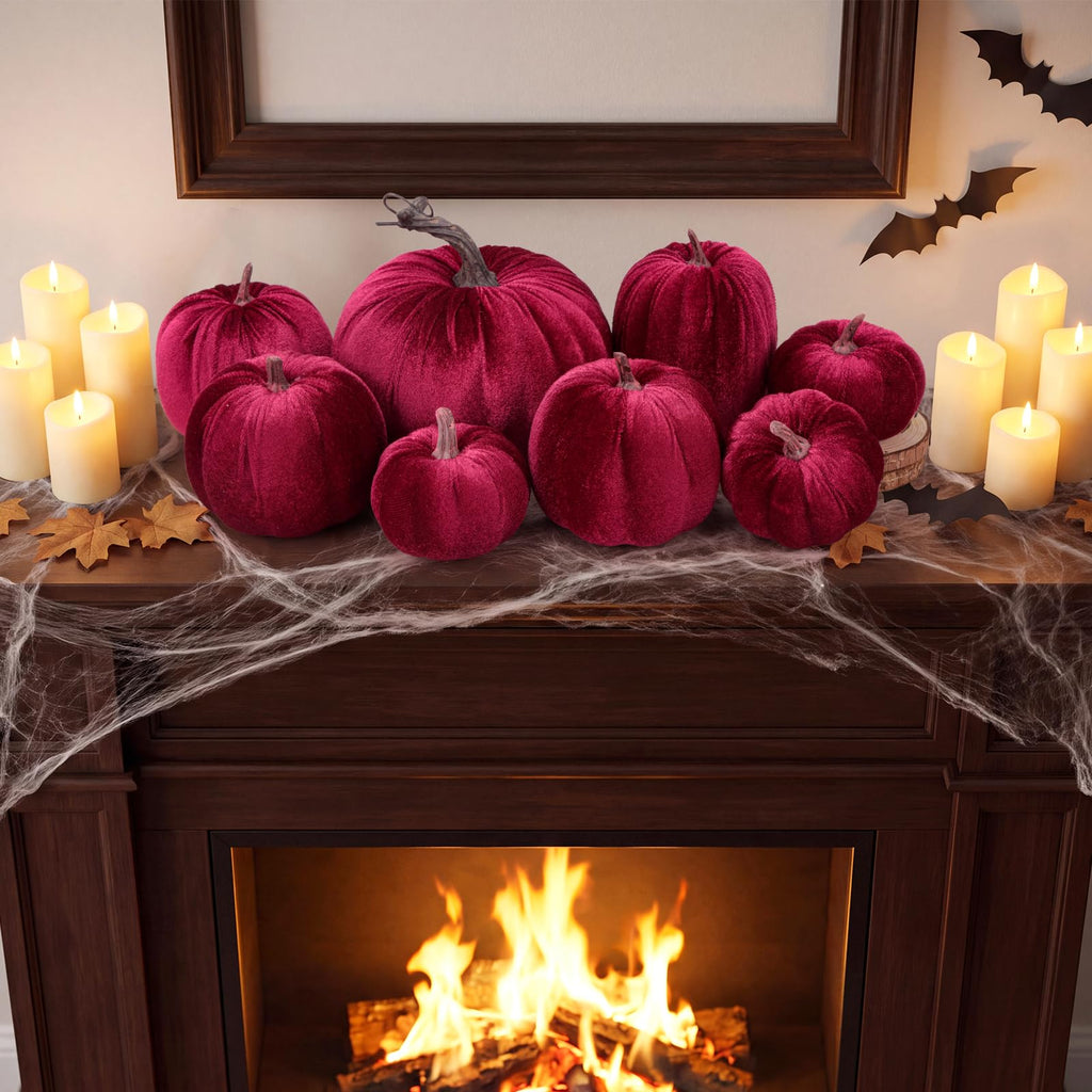 8 Pcs Fake Wine Red Velvet Pumpkins Artificial Pumpkin Decoration
