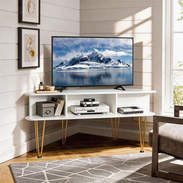 Corner TV Stand for 50 Inch TV, White and Gold Corner Entertainment Center