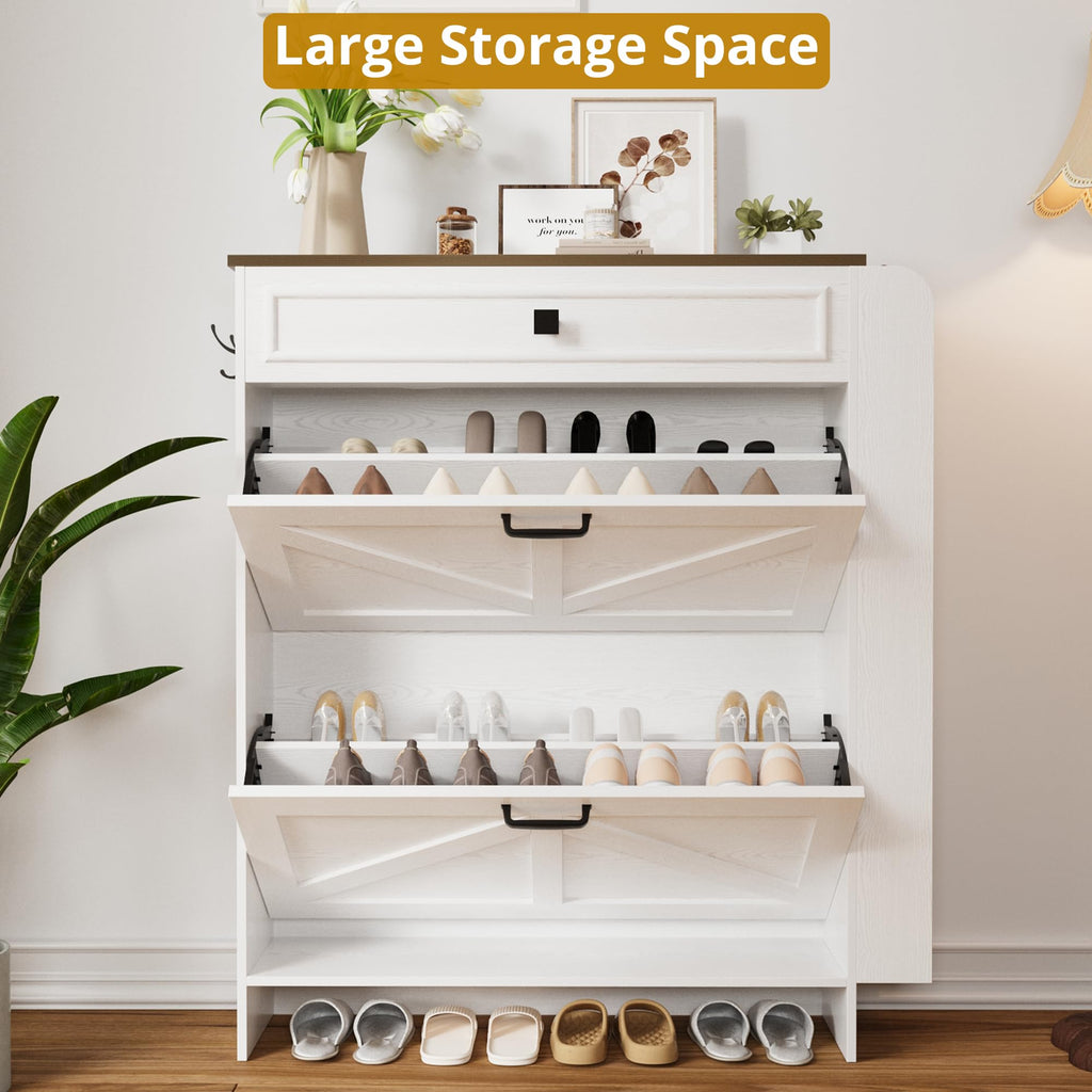 Shoe Storage Cabinet with 2 Flip Drawers & Barn Door, White/Walnut