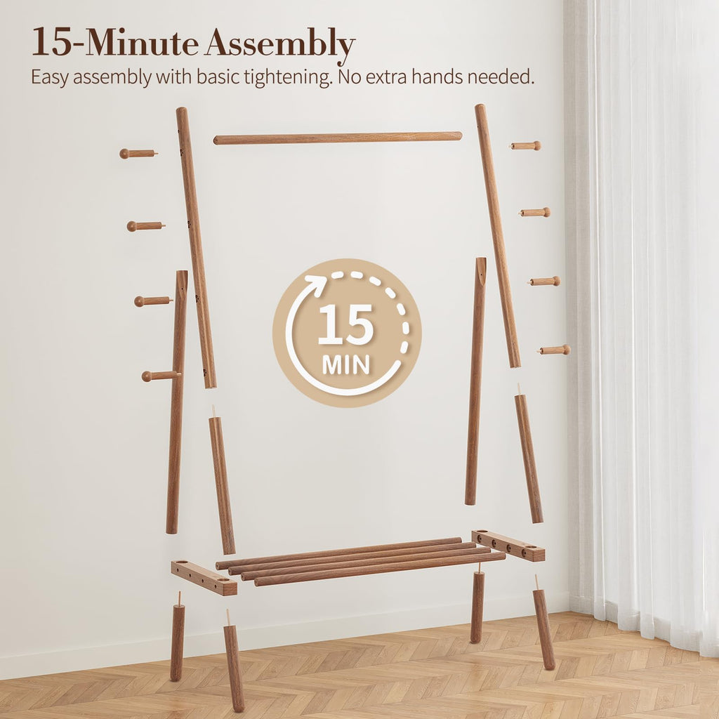 Solid Wood Clothes Rack - Heavy Duty Clothing Racks for Hanging Clothes with 8 Hooks, Portable Garment Rack for Dress