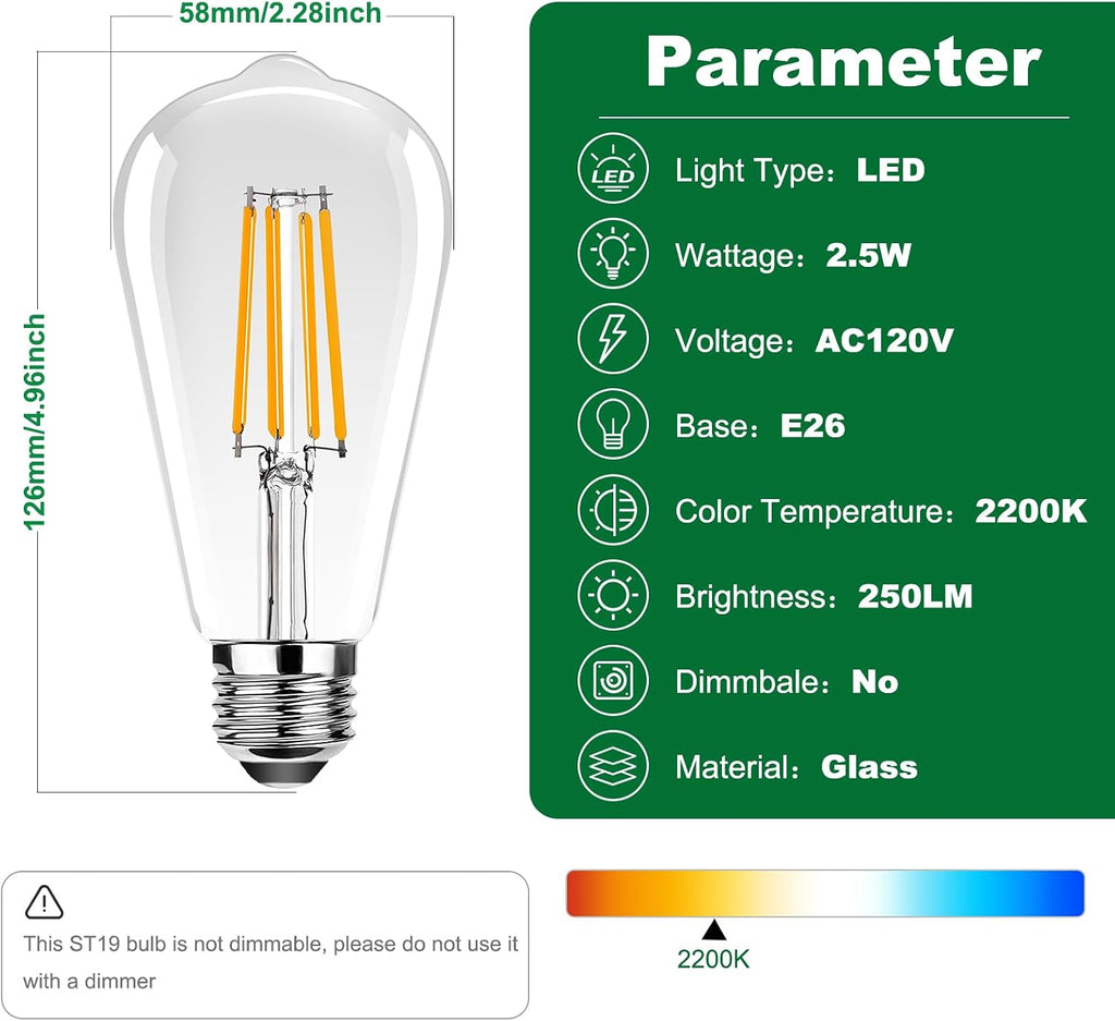 ST19 Vintage LED Edison Bulbs,25W Equivalent Outdoor LED Light Bulbs,Antique LED Filament Bulb E26 Base,2.5W Warm