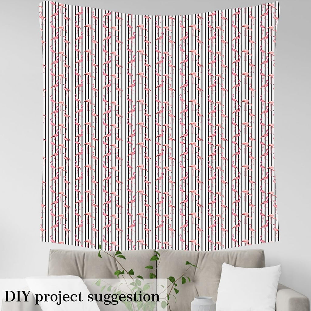 Flamingo Fabric By The Yard, Couple Pink Bird Upholstery Fabric, White Black Stripes Pattern Decorative Fabric, Woodland