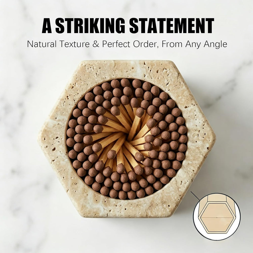 Hexagonal Travertine Match Holder with Striker, Large 3.2" x 2.6" Luxury Natural Stone Matches Jar with Cork Base