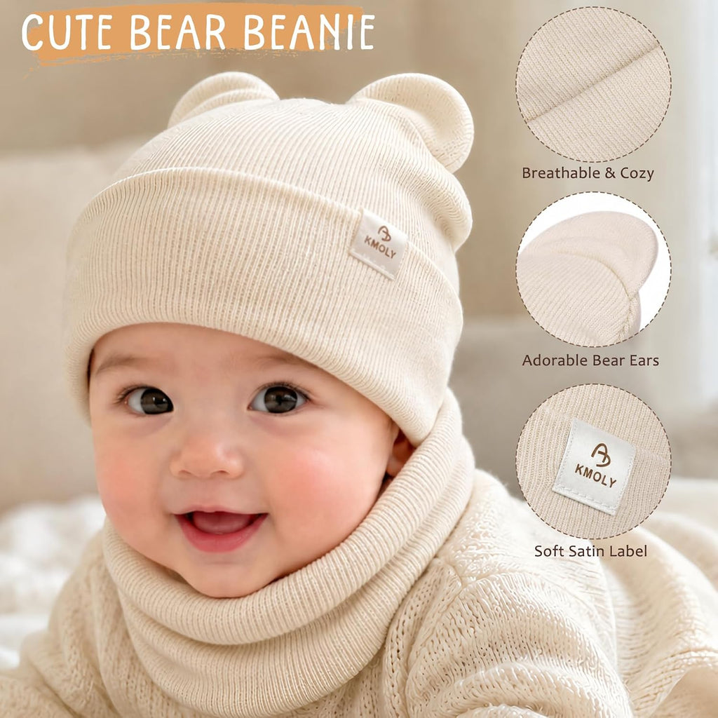 Baby Toddler Winter Beanie Hat Mittens and Neck Warmer with Bear Ear Set