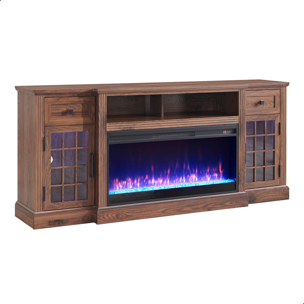 Farmhouse Fireplace TV Stand for 80Inch TV with Crystal Fireplace, Brown