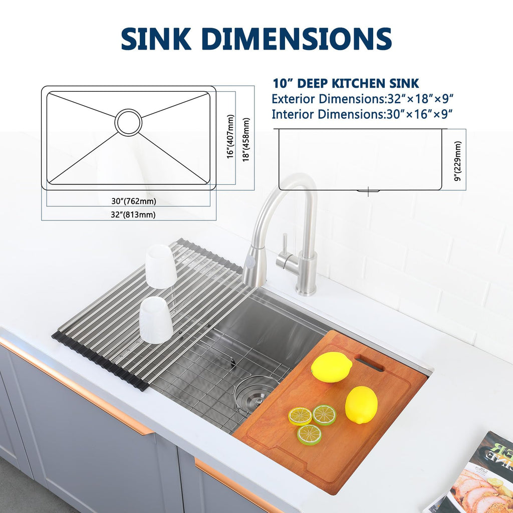 32 Inch Undermount Stainless Steel, 32" x 18" Single Bowl Undermount Workstation Sink, 16 Gauge Handmade