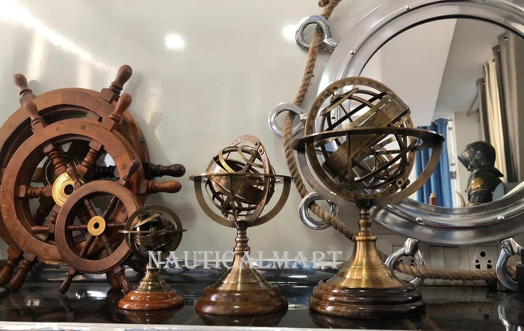 5" Nautical Brass Armillary Sphere World Globe Rosewood Base Table Decor
