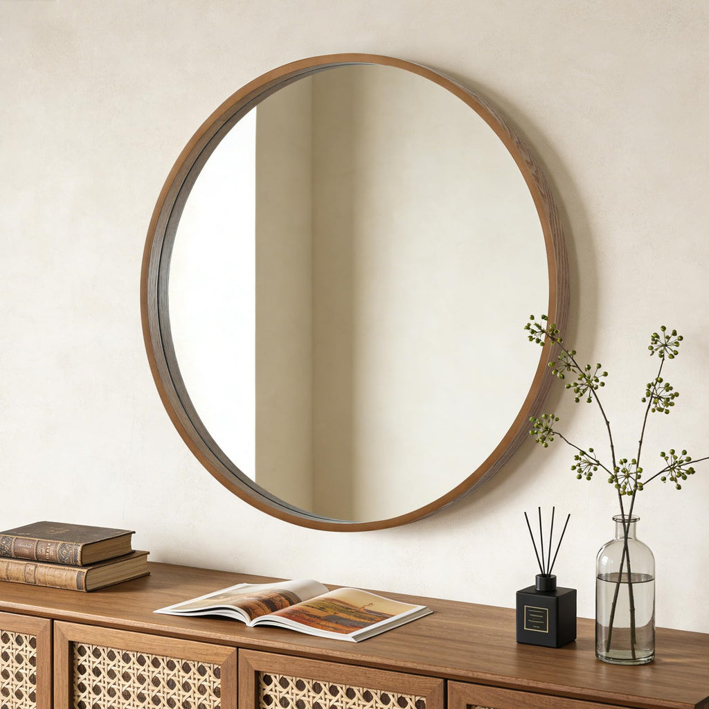 Round Wood Mirror, 36" Round Modern Decoration Large Circle Wall Mirror Living Room Bedroom Entryway, Walnut