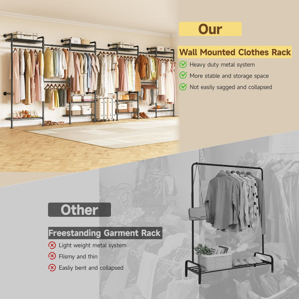 L7 Wall Mounted Industrial Pipe Clothing Rack, Corner Closet System