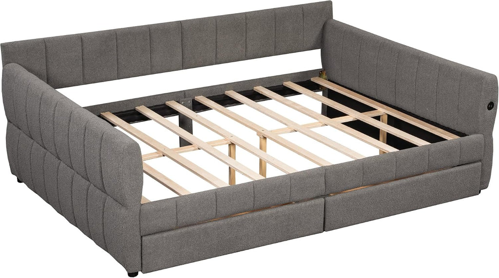 Queen daybed with USB, Queen Corner beds, Upholstered daybed with 2 Drawers for Kids,Teens,Adults, Lambswool, Gray