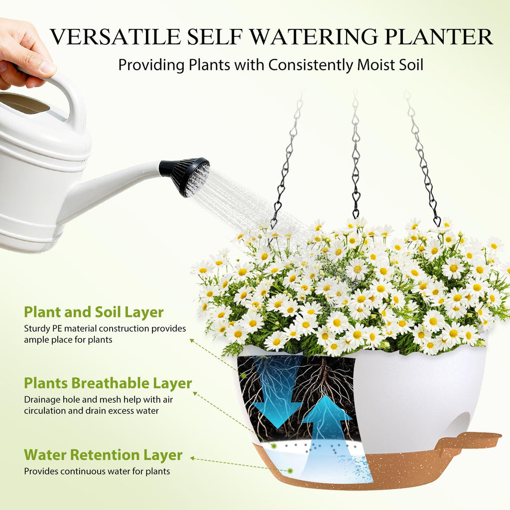 10 Inch Hanging Baskets 2 PC with Chains, Self-Watering Hanging Planters for Indoor Outdoor Plants, Plastic Hanging