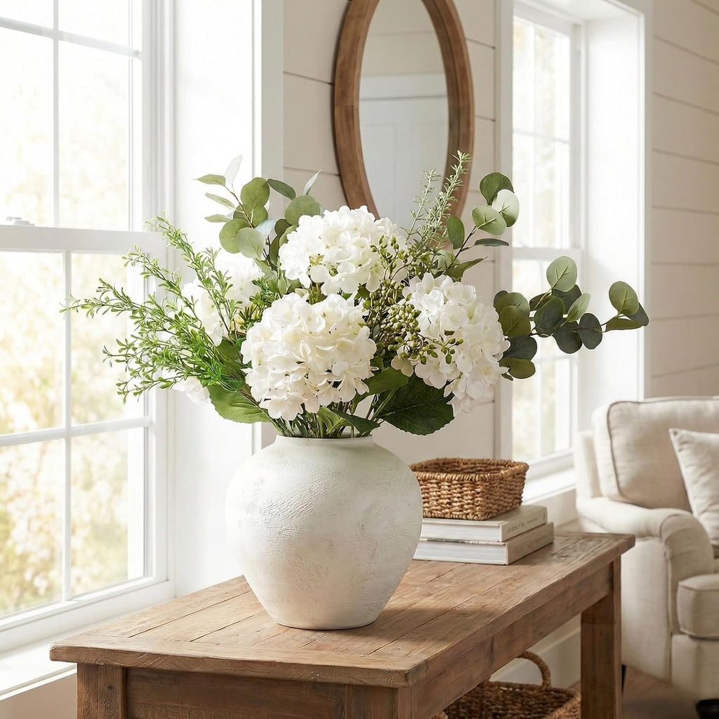 Faux Arrangement - Eucalyptus & White Hydrangea Flowers, Large Artificial Floral Greenery Centerpieces for Tables - Set of 9