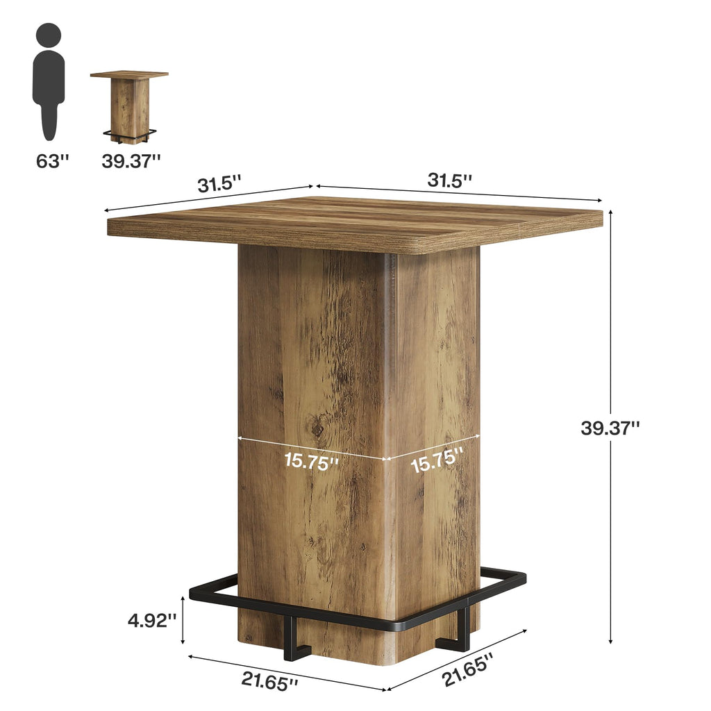 Bar Table, 39.37" High Square Pub Table for Small Bars, Dining Room, Kitchen (Only Table) (Brown)