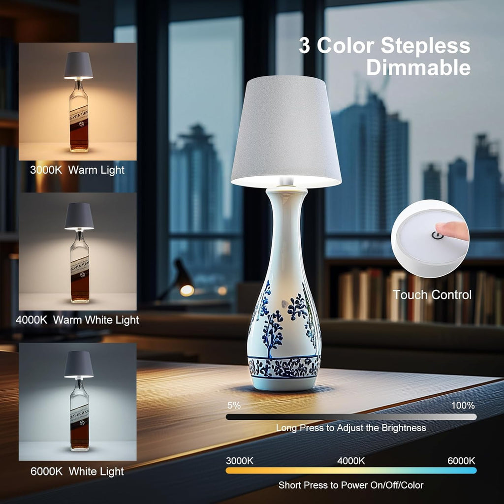 2 Pack Bottle Lamp, Rechargeable LED Wine Bottle Lamp Shade with Touch Dimming, 3 Color Temperatures, Cordless Bottle