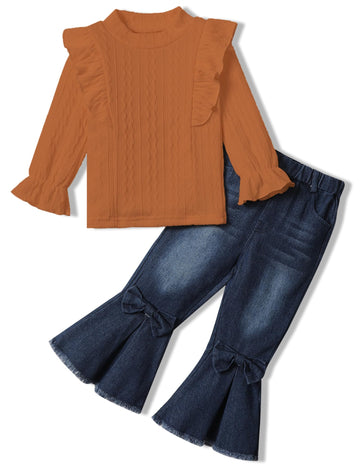 Toddler Girl Clothes Long Sleeve Ruffle Top Flare Jeans Pants Set