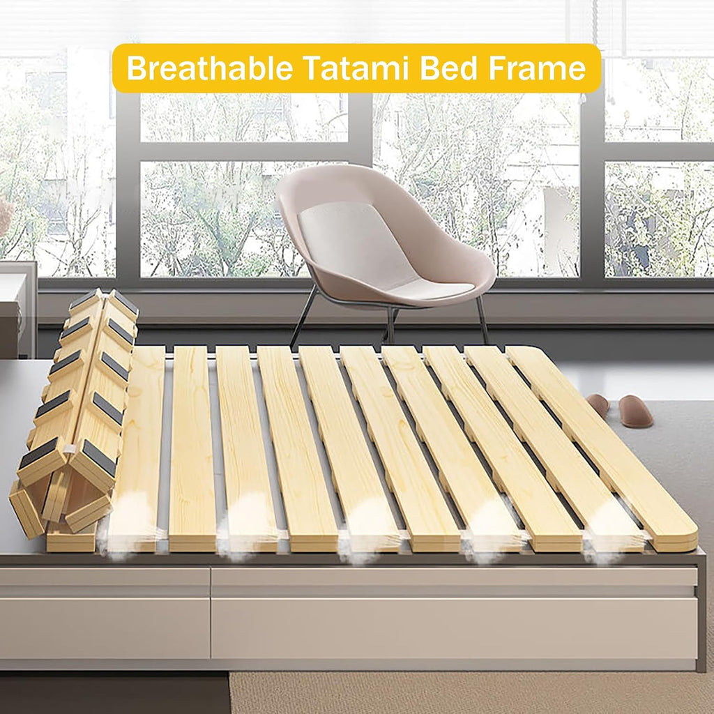 Folding Bed Frame, Natural Solid Wood Bed Frame, Japanese Platform Bed Frame Wooden Slatted Pallet Floor Bed, Roll-Up
