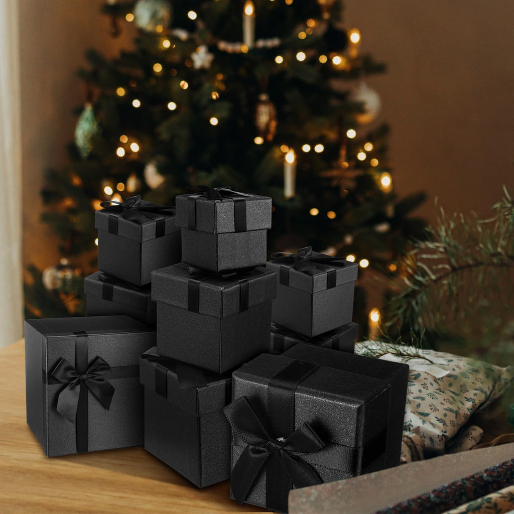 10 Pcs Xmas Gift Box with Lid Bow, Black, 10 Size