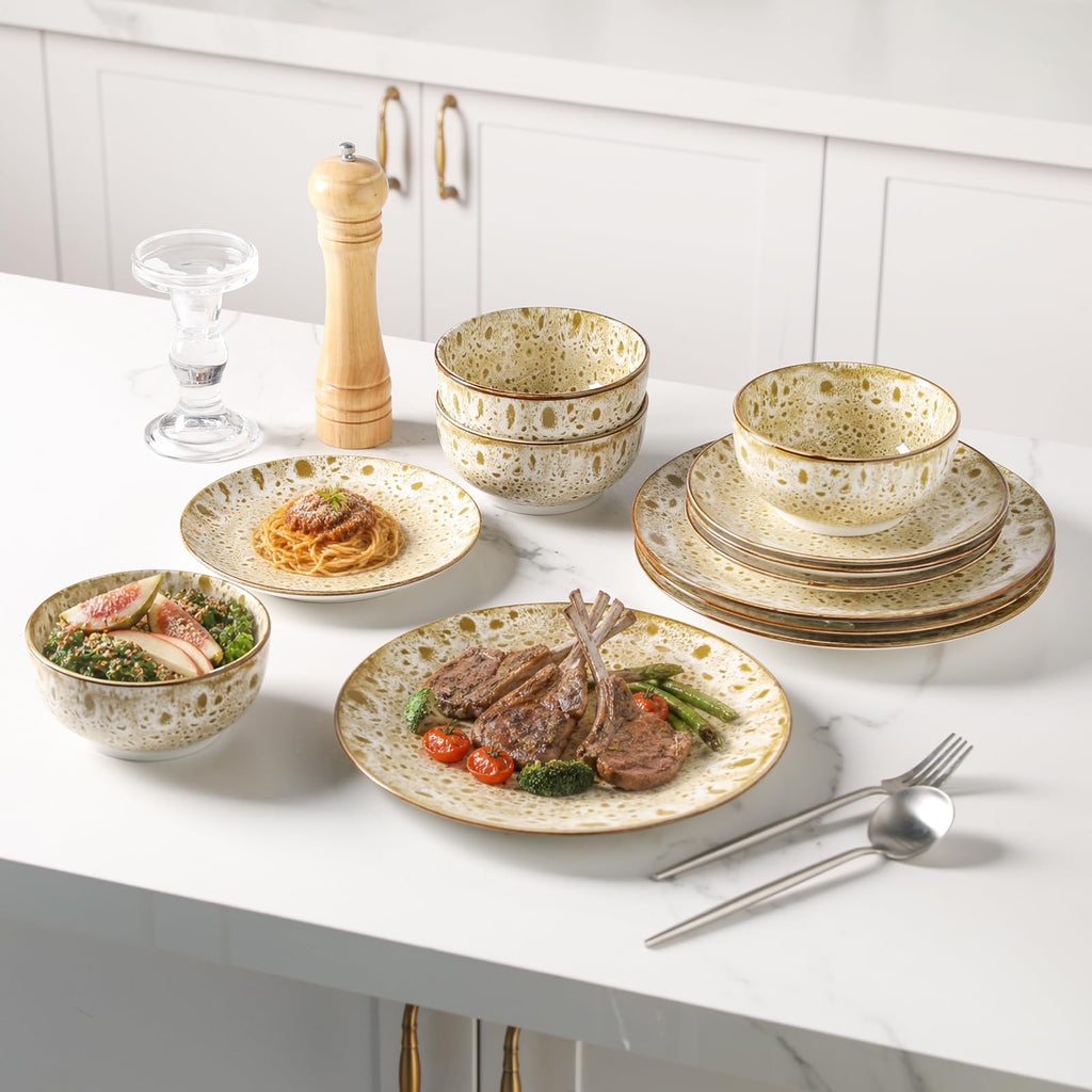 12 Pcs Speckled Glaze Ceramic Dinnerware Set for 4, Vintage Brown