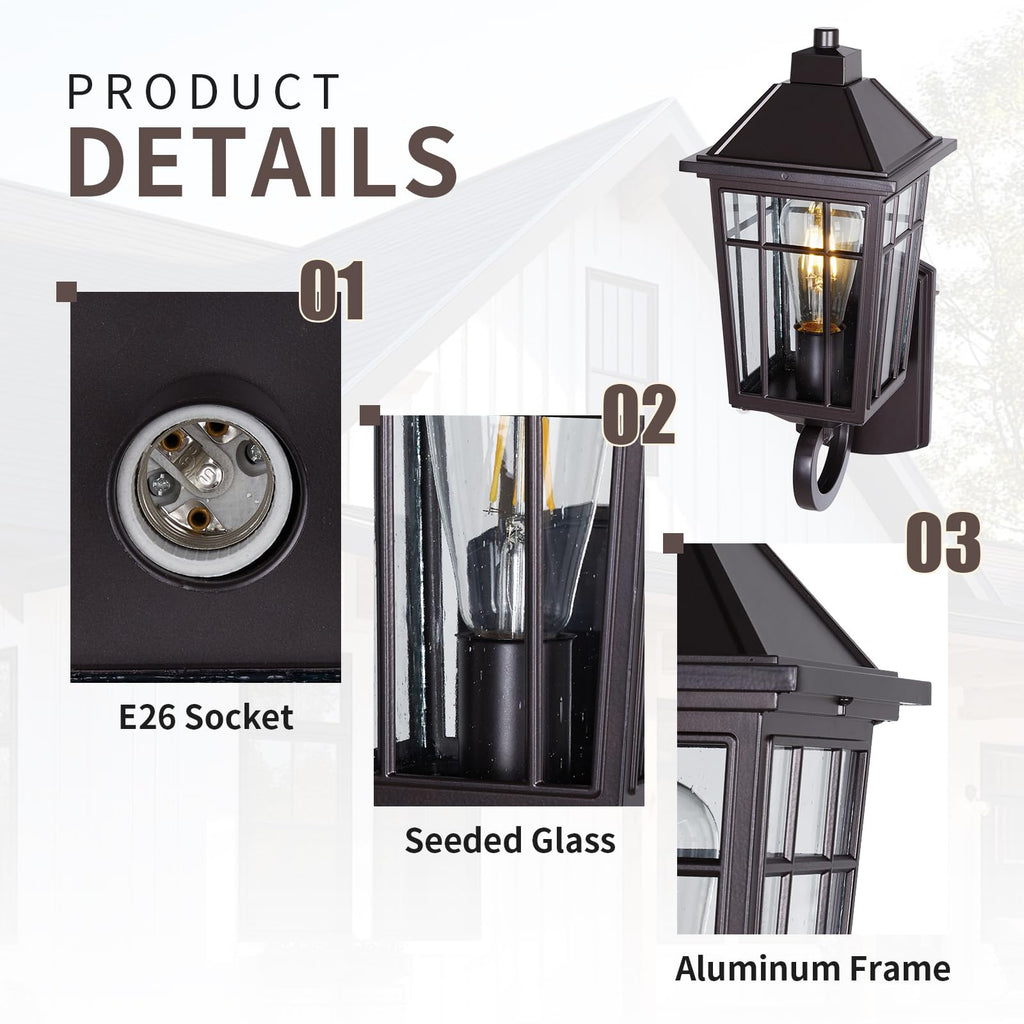 15" Brown Outdoor Wall Light, Rust-Proof Aluminum Waterproof Wall Lantern with Seeded Glass Shade, E26 Hardwired