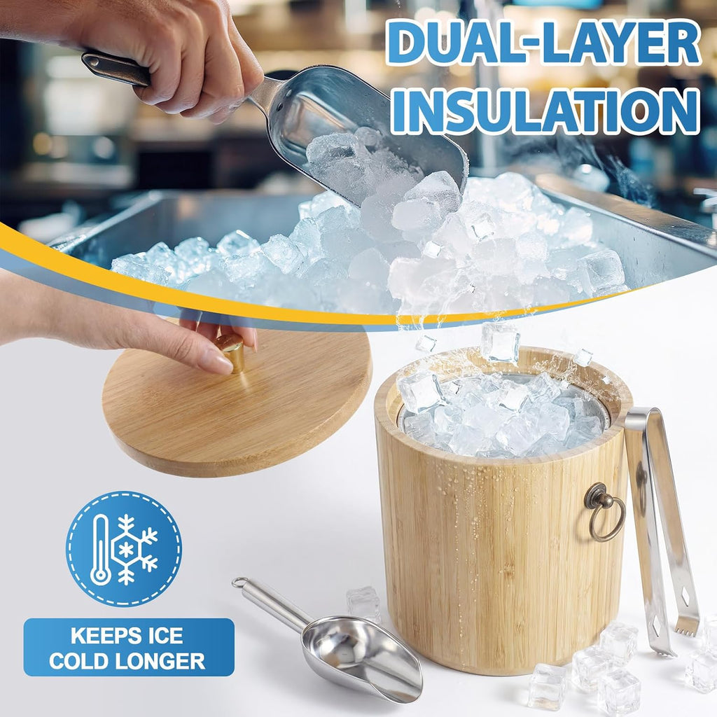 3L Bamboo Ice Bucket with Stainless Steel Interior, Insulated Ice Bucket with Lid & Handles, Includes Scoop & Tongs