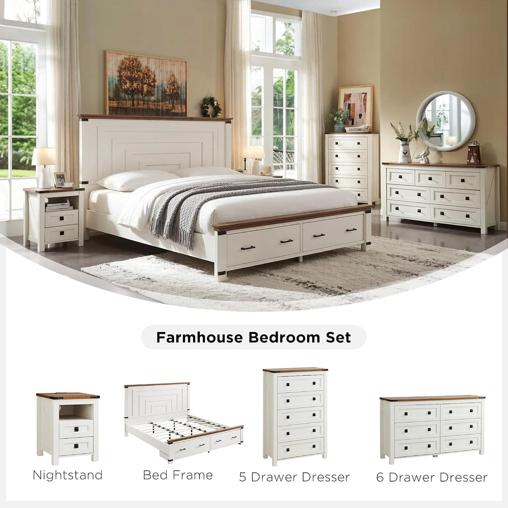 Farmhouse King Bed Frame with 54" Tall Geometric Headboard & 2 Large Storage Drawers, Rustic Wood Platform Bed with