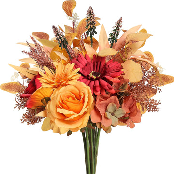 Artificial Fall Flowers Bouquet for Decoration, Fall Fake Silk Flower Arrangements Faux Autumn Flowers Fall - Set of 16