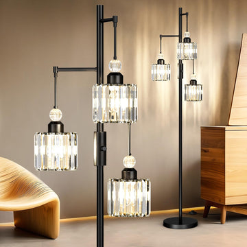 Black Tree Floor Lamp with 3 Crystal Cage Lampshades & Dimmable Bulbs - 70" Vintage Glam Standing Lamp Bedroom