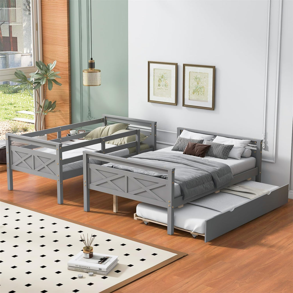 Trundle Bunk Bed, Twin Over Full Wood Bunk Bed with Twin Trundle, Solid Wood Bunk Bed Frame with Guardrail and Ladder