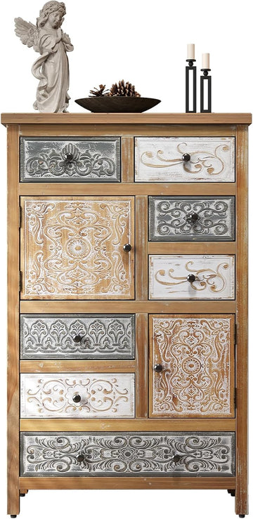 Vintage Tall Wooden Accent Cabinet with 6 Drawers & 2 Doors, Rustic Multicolor Carved Storage Chest , Farmhouse