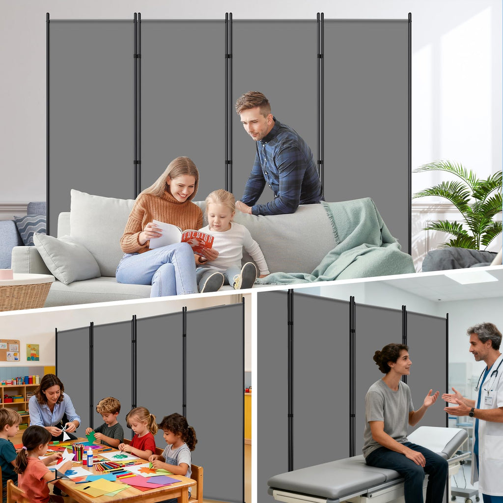 4 Panel Room Divider, 88" W x 6FT Fabric Folding Privacy Screen, Grey
