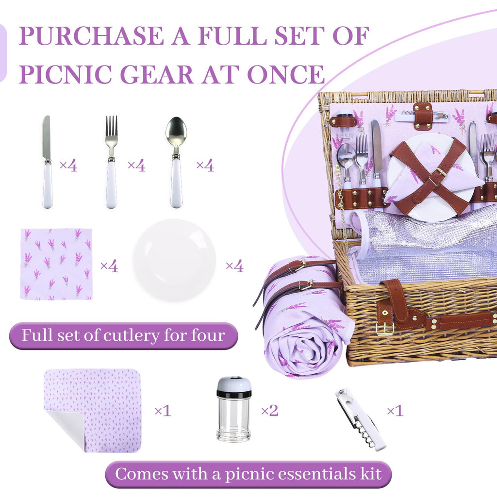 Wicker Picnic Basket for 4, Insulated Set with Blanket