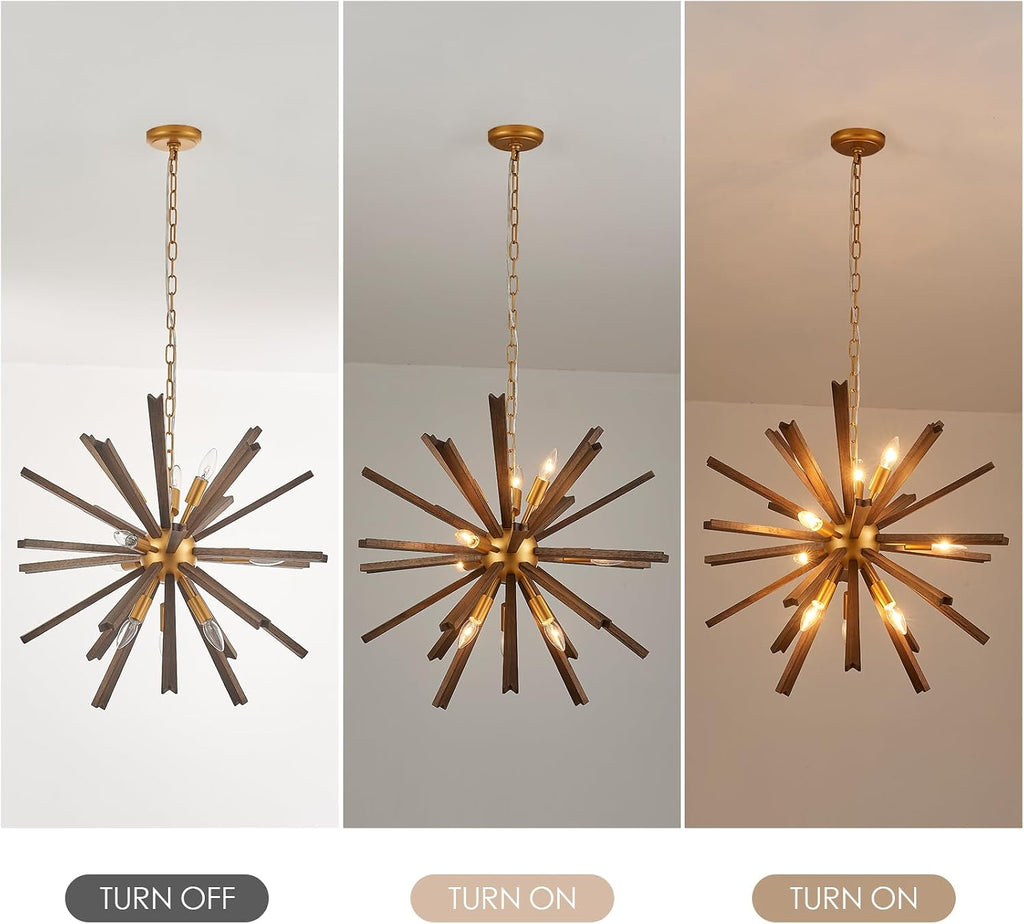 9-Light Wood Sputnik Chandelier for Entryway, Gold Dining Room Light Fixture, Farmhouse Pendant Light Fixture for