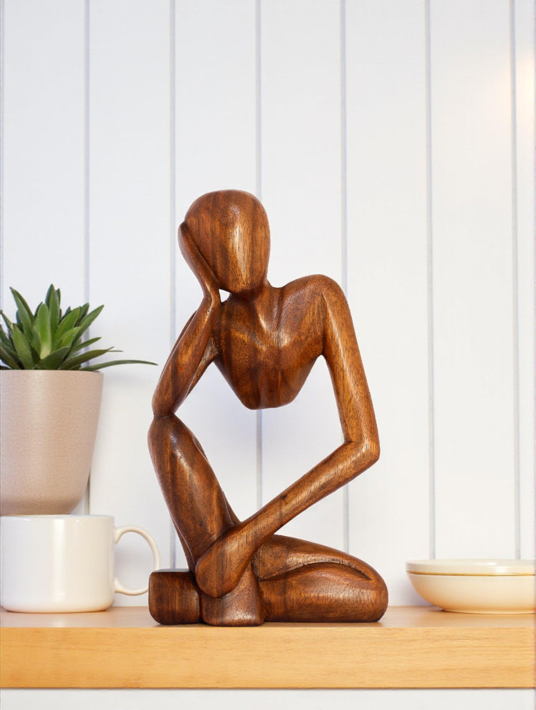 12" Wooden Abstract Thinker Statue, Hand Carved Thinking Man Figurine, Modern Minimalist Sculpture, Handmade Home