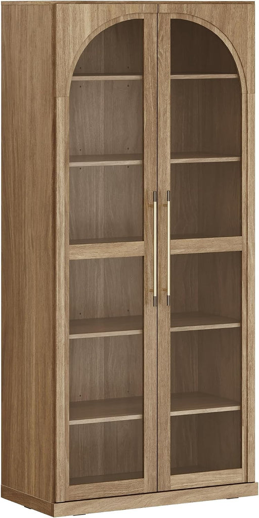 Modern Wood Wine Curio Cabinets with 4 Adjustable Shelves, 67" Storage Cabinet, 6 Shelf Glass Bookshelf Display