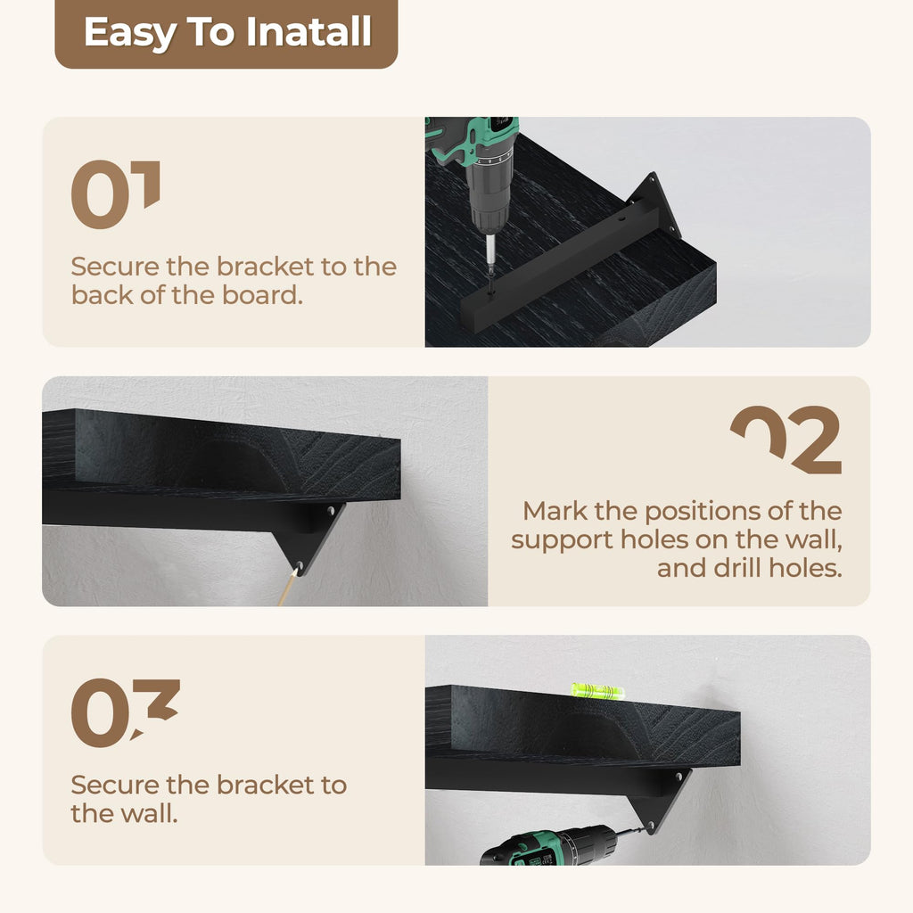 Long Wall Shelves 60 inch, Black Long Floating Shelf for Wall Set of 3, Large Shelves with Metal Brackets, Farmhouse